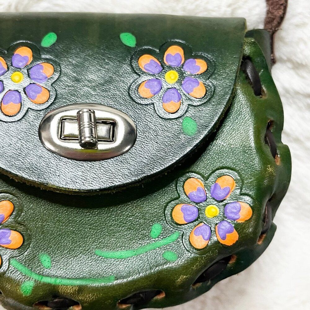 Made in Mexico Green Leather Floral Colorful Tooled Mini Crossbody Bag - Picture 4 of 15